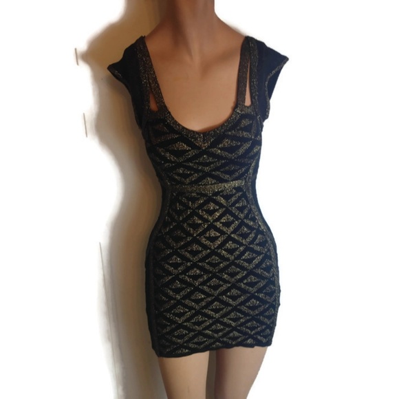 2B Bebe Dresses & Skirts - Black and Gold Bandage Bodycon Dress By 2b bebe